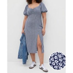GAP Midi Dress XXL Tall Blue White Ditsy Floral Puff Sleeve Smocked 90s NWT